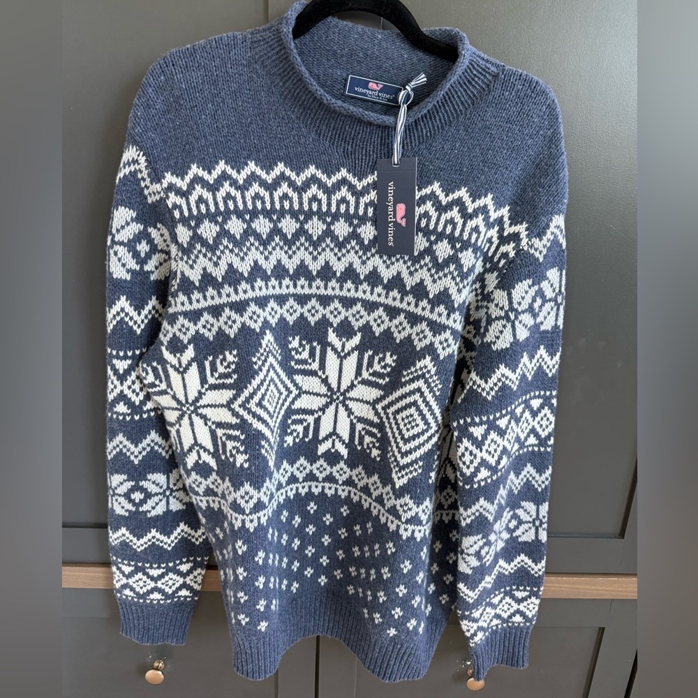 Vineyard Vines chunky Snowflake Roll neck Nautical Navy Wool Blend Sweater • L